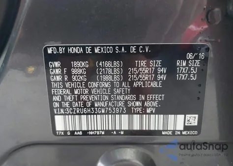 2016 Honda Hr-V Lx from USA, damaged, VIN 3CZRU6H33GM753973